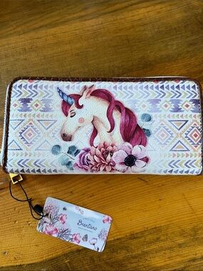 Brentano Unicorn Floral Zip Wallet - Pink & Purple wristlet strap